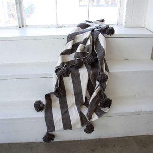 Moroccan Pom Blanket - Large Grey Stripes